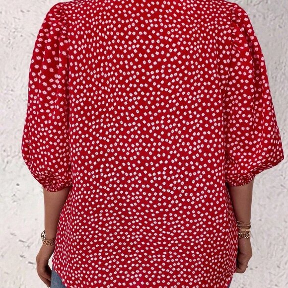 Red Boho Women's Floral Single Button Blouse - Picture 2 of 4